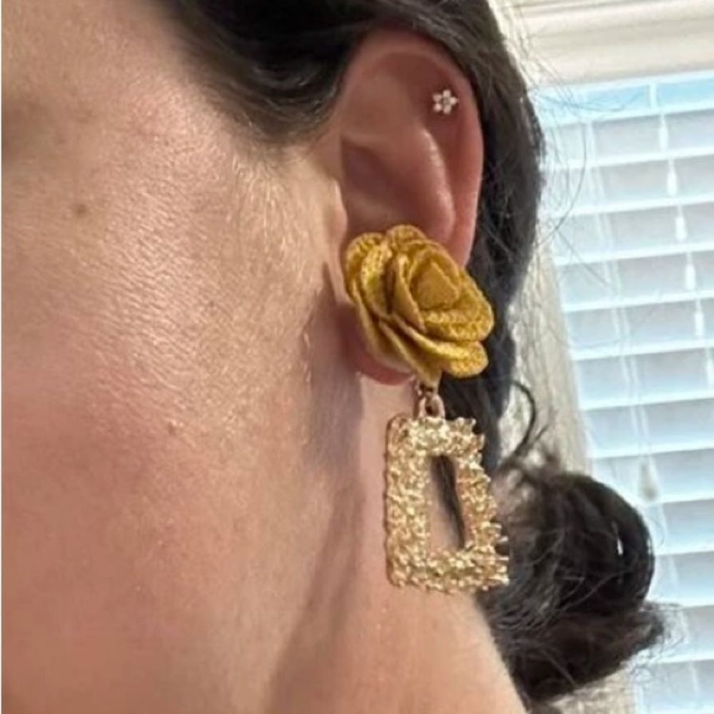 3for$20 imoli Flower Decor Textured Metal Drop Earrings - Picture 3 of 5